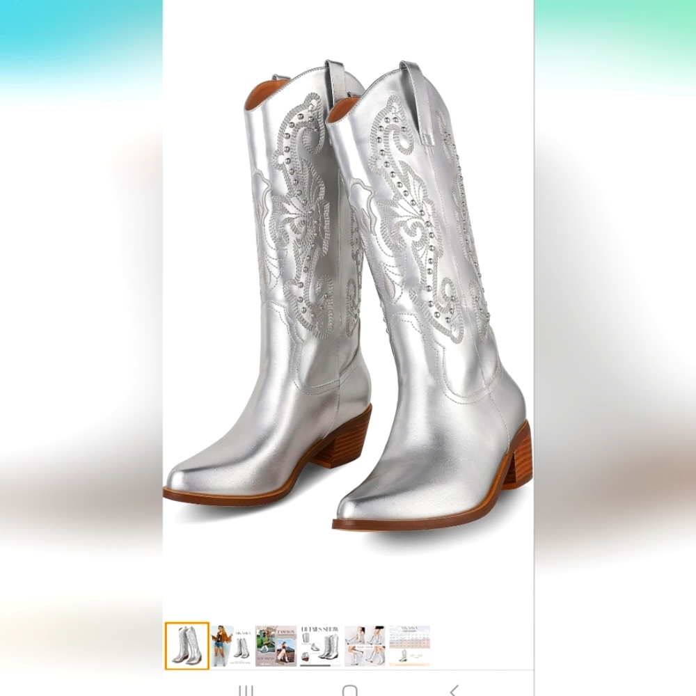NEW Silver Metalic Cowboy Boots size 9.  Calf measures 17 inches